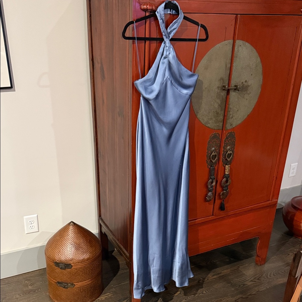 BHLDN Selma Halter Neck High Shine Satin Maxi Dress Steel Blue